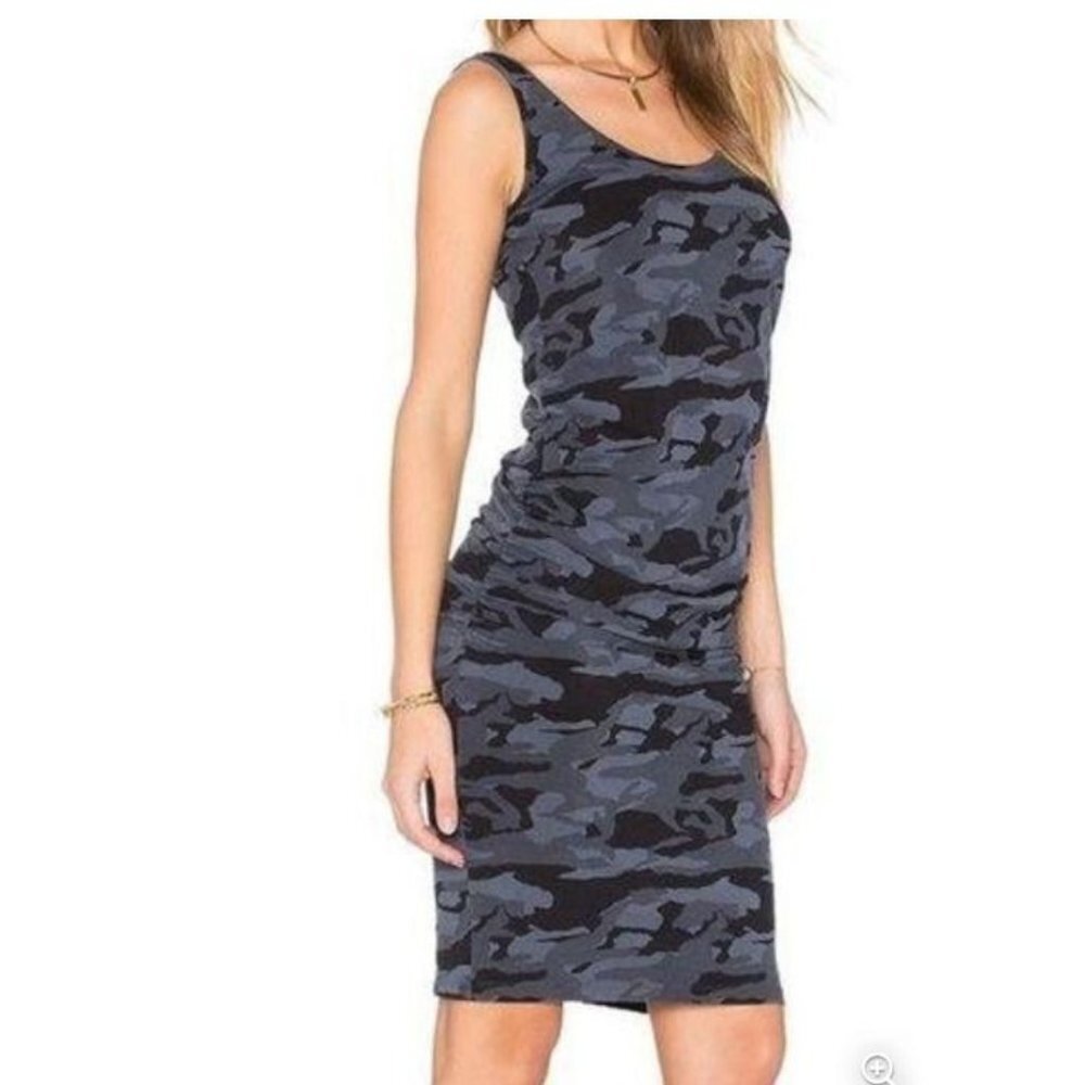 Monrow Camo Shirred Tank Midi Dress size M Fitted Ruched Bodycon Cotton